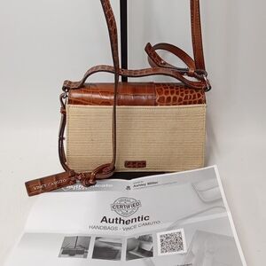 Vince Camuto Croc-Embossed Brown and Woven Tan Crossbody Bag
